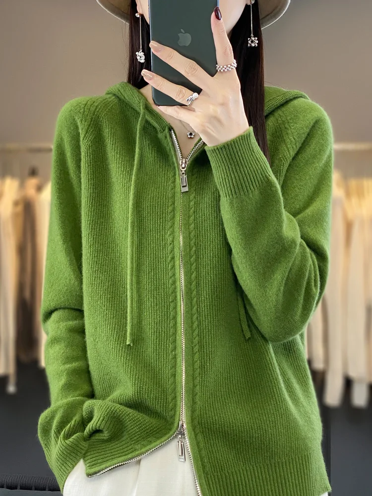 女性のジッパーパーカーカーディガン、100% メリノウール、単色、カジュアルカシミアknitwear、韓国のファッショントップス、秋、冬、新