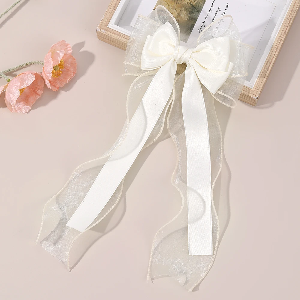 Girls Chiffon Bow Hair Clip Elegant Long Tail Ribbon Hairpins For Children Wedding Prom Daily French Headwear Hair Accessories