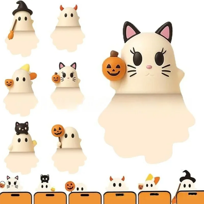 Ghost Mystery Phone Buddy Ornaments Phone Topper Peel-and-stick Design Halloween Ghost Pumpkin Figurine Mirror Dashboard Decor
