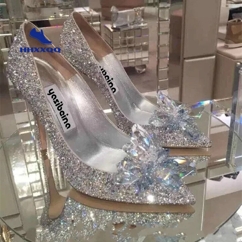 New Cinderella Crystal Shoes Heels Women Pointed Sexy bride shoes Women\'s High Heels Female Silver Rhinestone Wedding Shoes