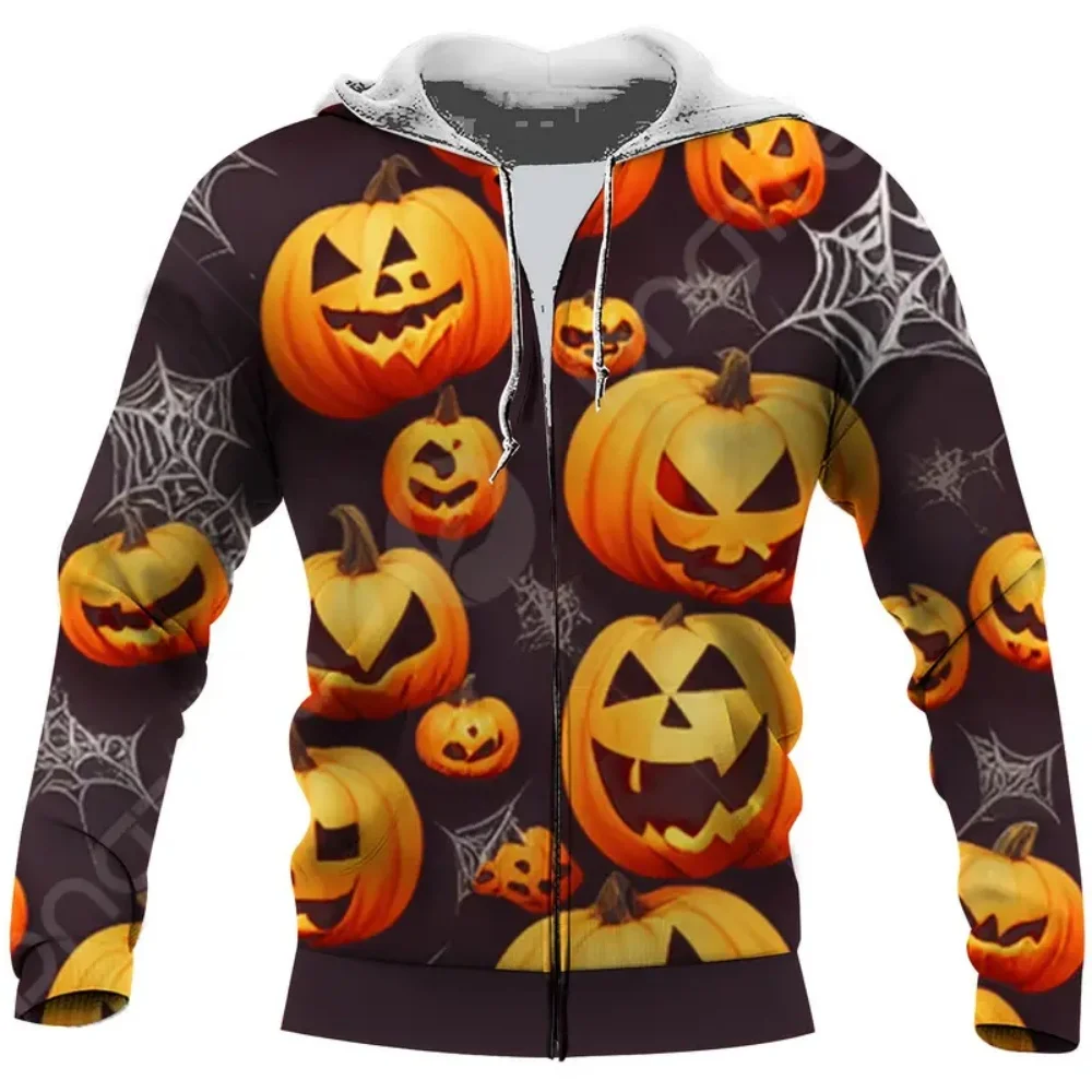 

Halloween Men's Sweatshirt Pumpkin Head Print Street Outdoor Autumn Drawstring Long Sleeve with Pockets Zip up Hoodies Clothes
