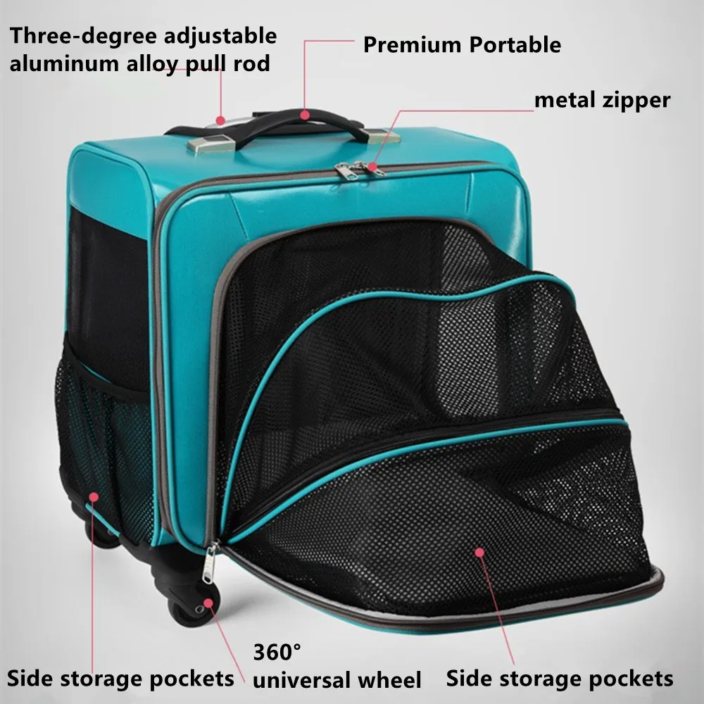 18 Inch PU Pets Trolley Case Cat Dog Travel Suitcase Bag Ventilated Breathable Mute Universal Wheel Handbag Storage Pet Stroller