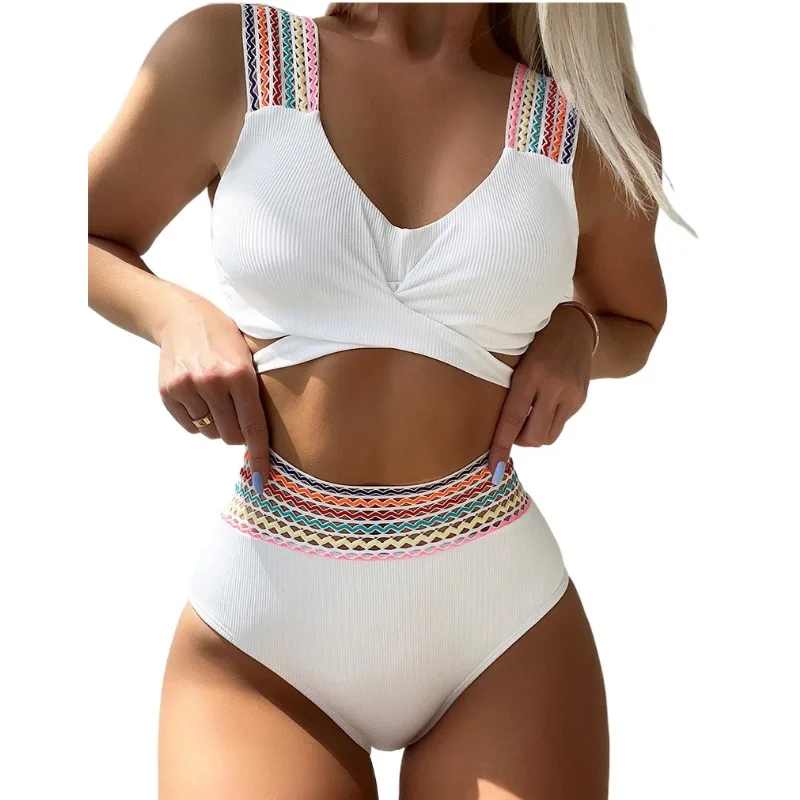 

New Original Colorful Stripes White and Black Swimsuit, Slightly Fat Large Size Split High Waist Bikini Sexy Suit