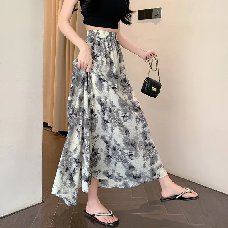 2024 New Spring Summer Women High Waist Slim Long Skirt Elegant Retro Ink Wash Painting Big Hem Floral Skirt