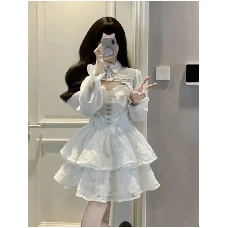 فستان لوليتا كاواي نسائي ، دانتيل أبيض ، أبيض ، مكشكش ، أكمام طويلة ، خرافية ، أشرطة ، حفلة عيد ميلاد ، نساء ، ساخن