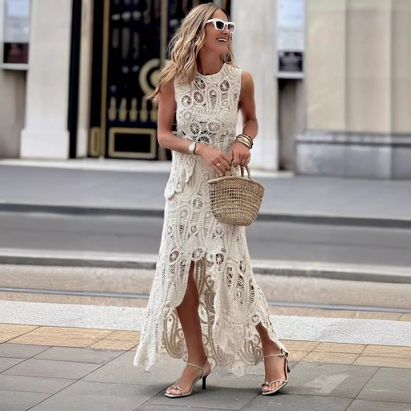 Women's New Arrival Cutout Lace Trim Asymmetrical Tank Top & Skirt Elegant Matching Set Vestidos