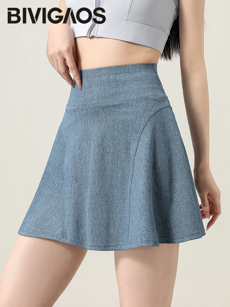 BIVIGAOS Summer Fake Two Piece Short Jeans Skirt Women Thin Breathable Sports Fitness Badminton Skirt High Waist Shorts Skirt