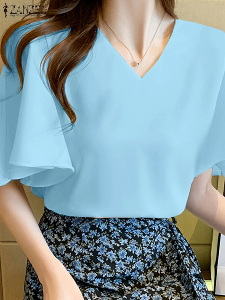 

Women Elegant Short Sleeve Office Shirt 2025 ZANZEA Summer Blouse Fashion Solid OL Work Tops V Neck Blusas Tunic Ruffles Chemise