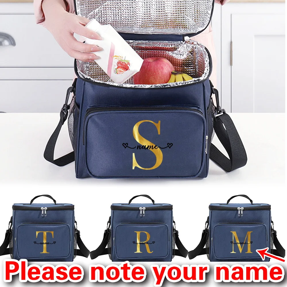 

Customizable Name Blue Lunch Bag Insulated Handbag Multi functional Picnic Lunch Box Waterproof Lunch Box Gold Letter Series