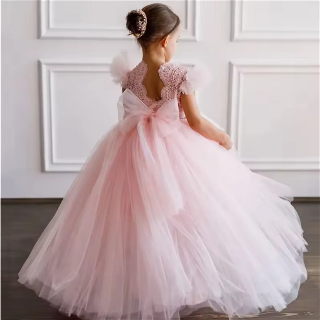 Robes de demoiselle d'honneur personnalisées, appliques florales en tulle rose avec nœud, manches courtes pour mariage, fête d'anniversaire, princesse de banquet