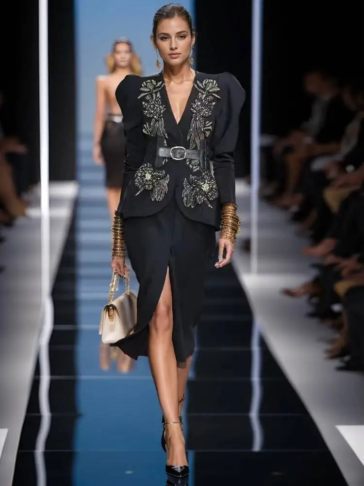 

Женские комплекты, весна-осень, высокое качество, модный вечерний офисный черный топ с вышивкой, сексуальный тонкий топ-карандаш, полуюбка, комплект из двух предметов