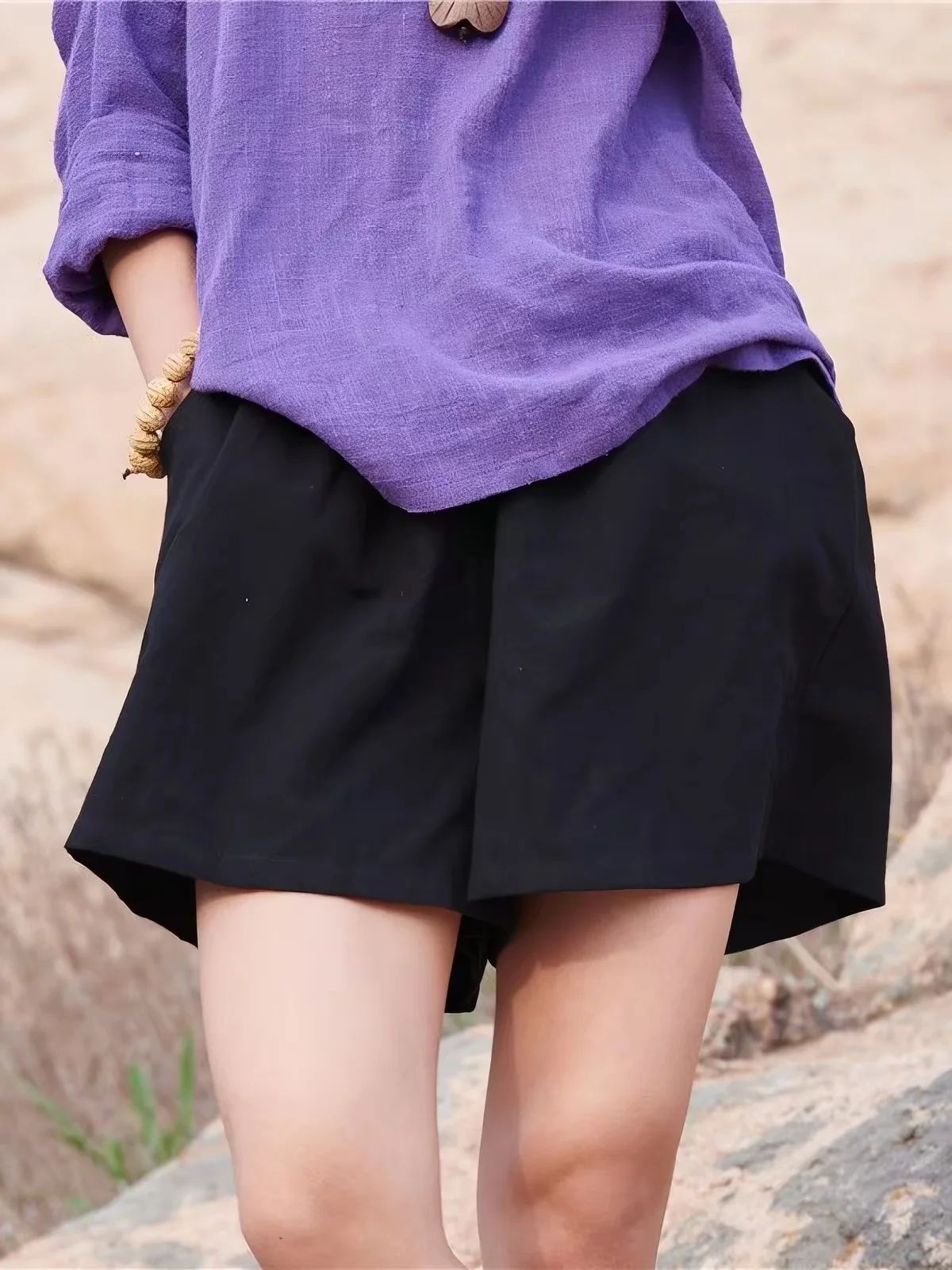 Chinese Style Vintage Cotton Linen Shorts Summer Wide Leg Short Pants Women Solid Color Simple Elastic Waist Sports Shorts