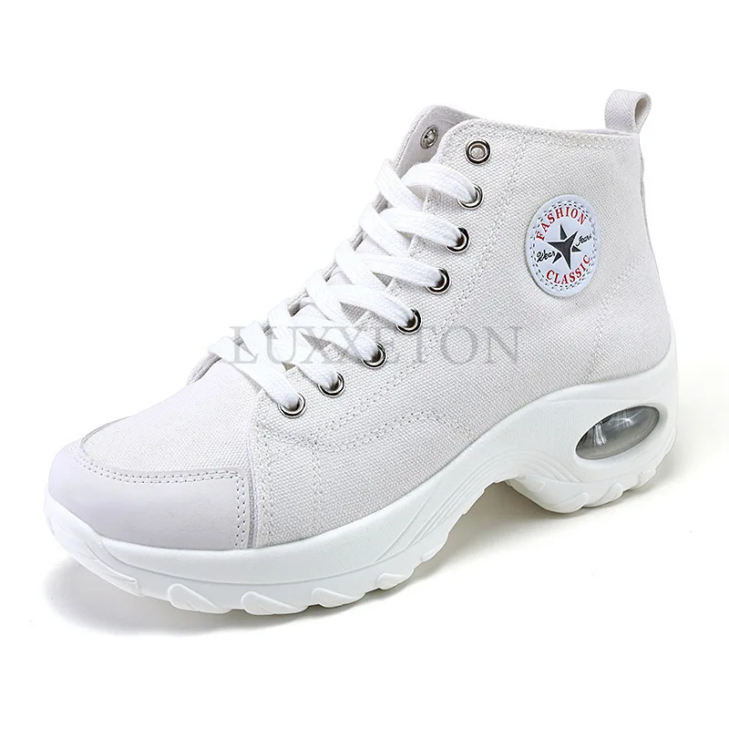 Air Cushion Canvas High Top Thick Sole Height Increasing Women Shoes for Casual Comfort Cushioning Fashionable Couple Board Shoe