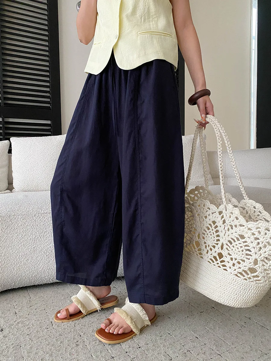 Sommerliche High-Waist-Hose mit weitem Bein für Damen, lässige, einfarbige, locker sitzende Hose – Detail 24