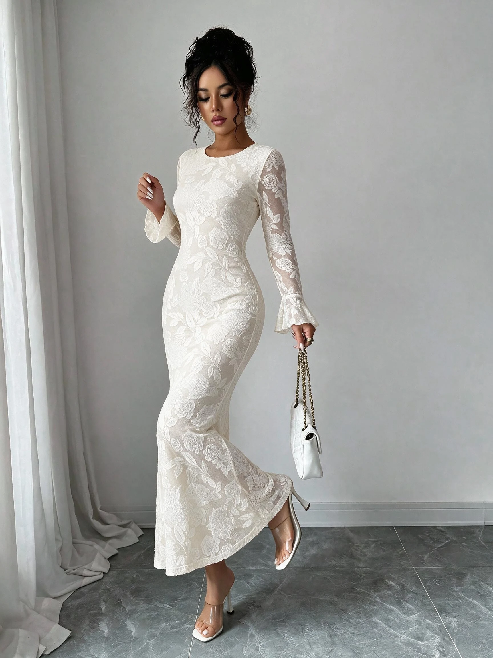 Damen Mesh Langarm Blumenmuster Maxikleid mit ausgestellten Ärmeln, figurbetontes Meerjungfrauenkleid, elegantes Abendkleid für Party und Clubwear. – Detail 5