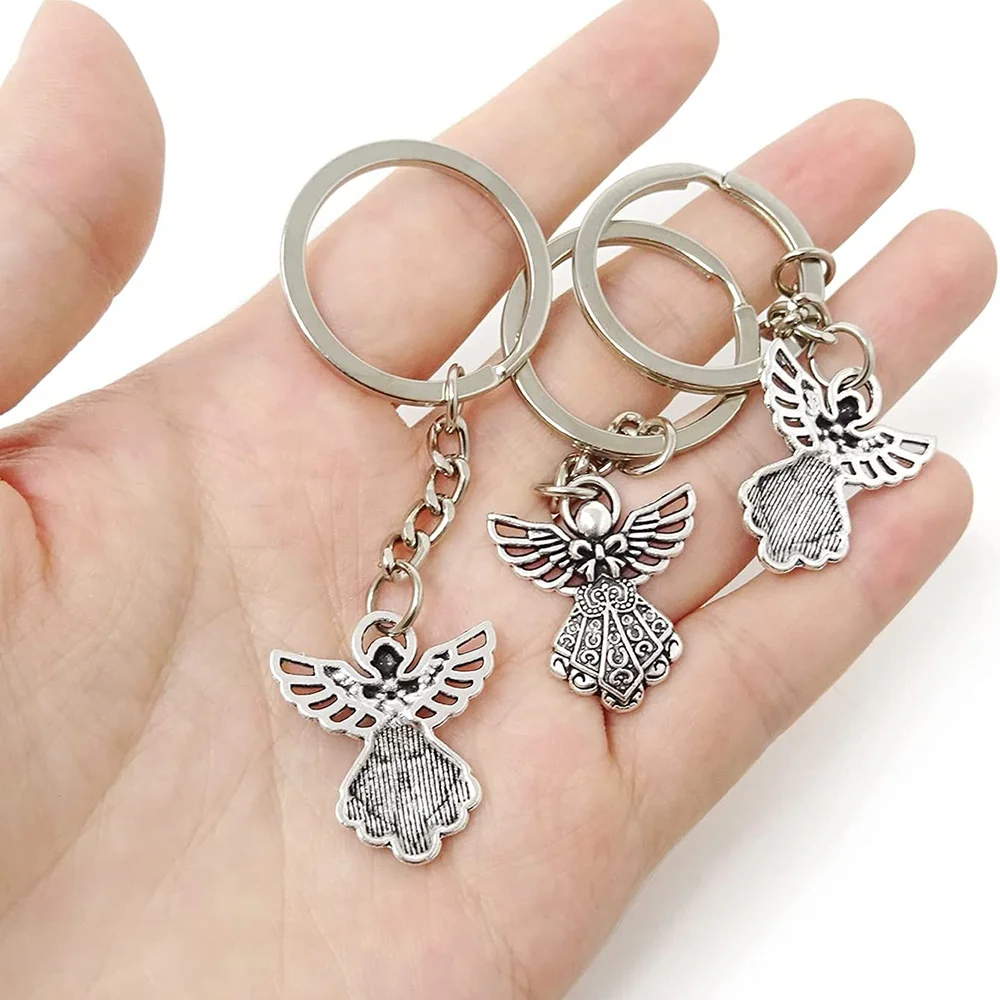 A72P 30Pcs Silver Color Guardian Angel Key Ring Zinc Alloy Pendant Wedding Birthday Party Baby Shower Baptism Communion