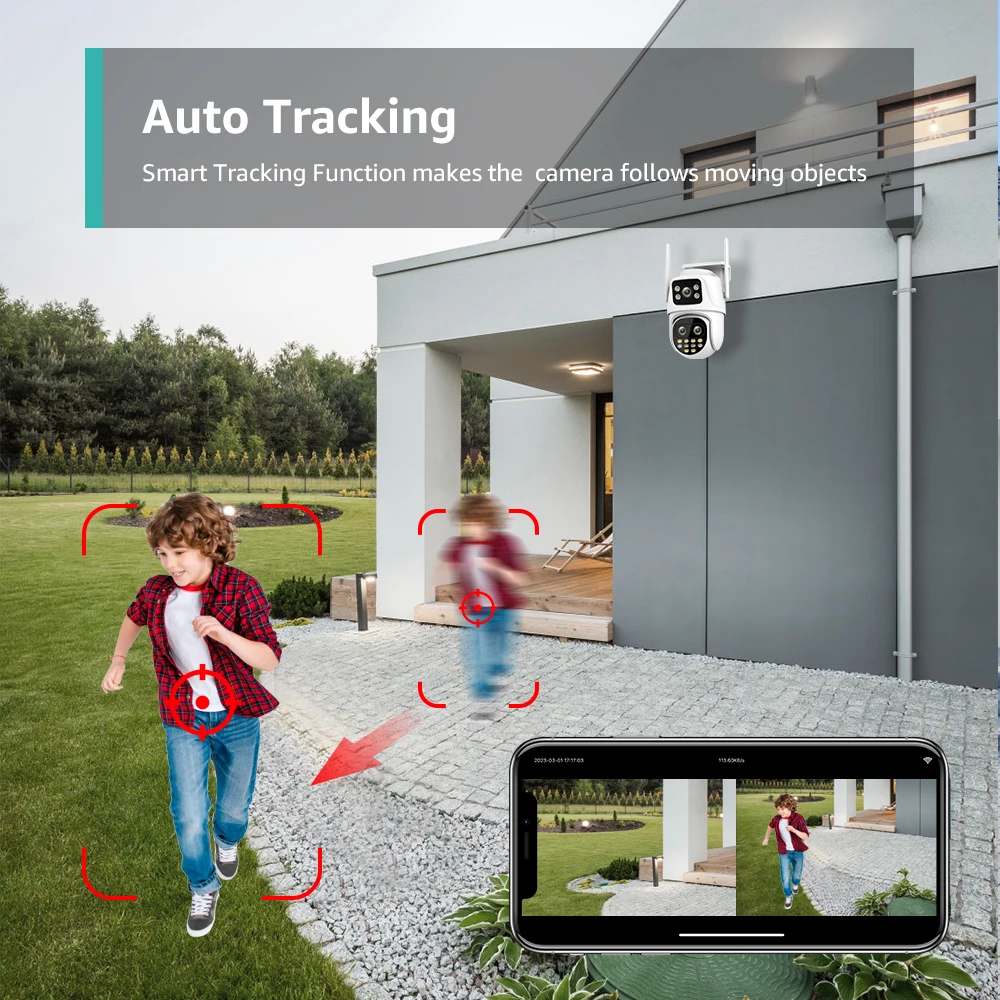Cámara de vigilancia Wifi con pantalla Dual de 8MP y doble lente, seguimiento automático por Ia, visión nocturna a Color, Bluetooth, cámara de
