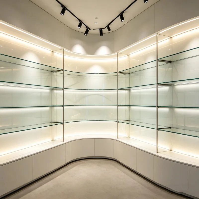 custom.Retail Design Retail Shop Fittings Glass Shelves Display Cabinet Glass Display Showcase