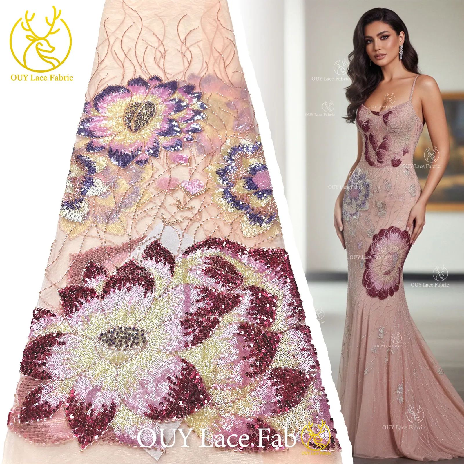 

Latest Fashion African Groom Beaded Lace Fabric 2026 High Quality French Sequin Embroidery Wedding Dress Lace Fabric 5 Yards