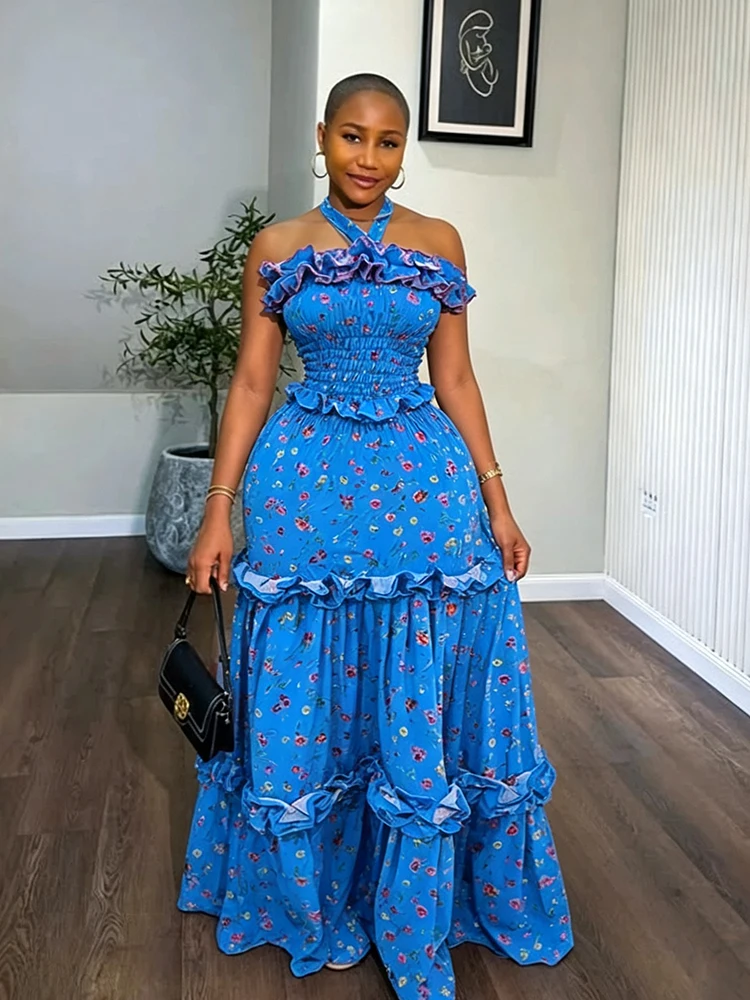 Damen Blumen-Midikleid mit Neckholder, Rüschen, Stufenrock, Elegantes, Figurbetontes Kleid mit Offenem Rücken, Urlaubs- und Sommermode