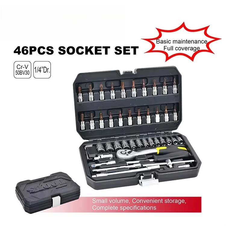 46pcs 1/4in 4-14mm Hand Tools Wrench Socket Bits Screwdriver Sets