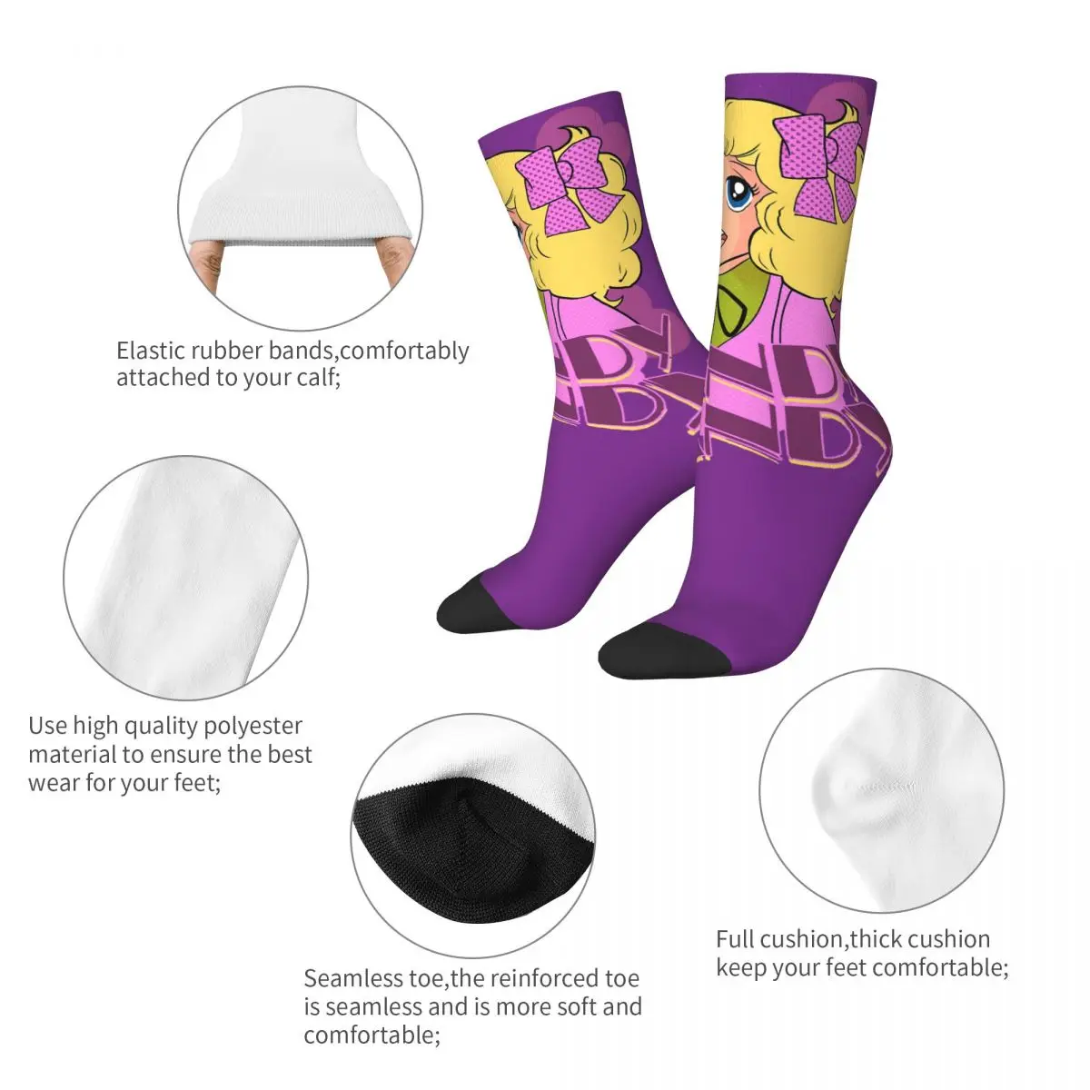 Chaussettes de compression rétro violet pour hommes, hip hop, fille elin, unisexe, bonbons, anime, style de rue, motif imprimé, chaussettes