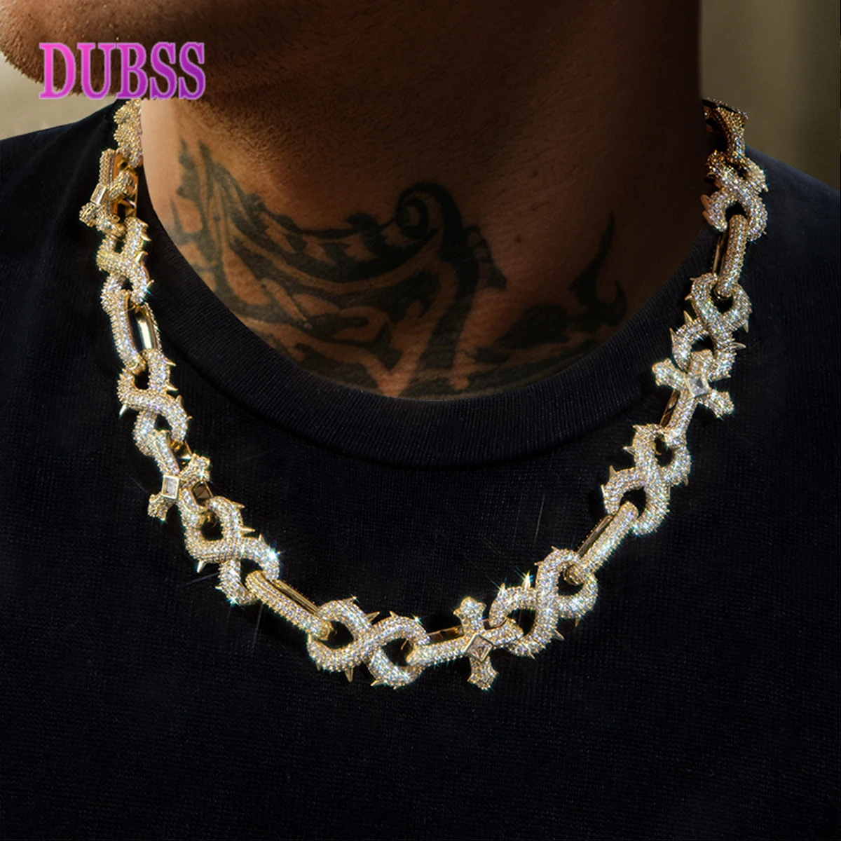 DUBSS Prong Chain Iced Out Cross Infinity Necklace for Men Choker Real Gold Plated Hip Hop Jewelry