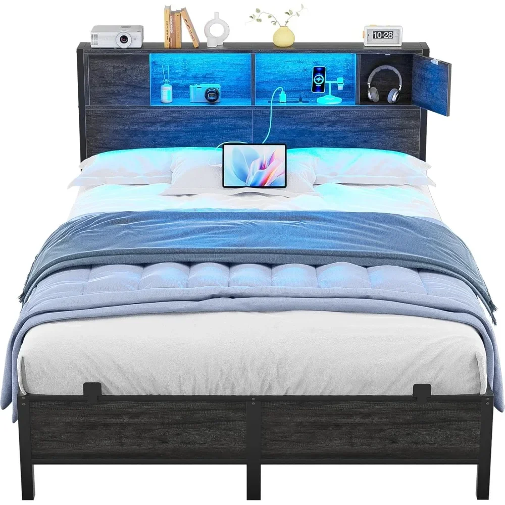 

Full Bed Frame with Storage Headboard and Charging Station, LED Lights, Steel Slat Support, Industrial Platform Metal Bed Frame