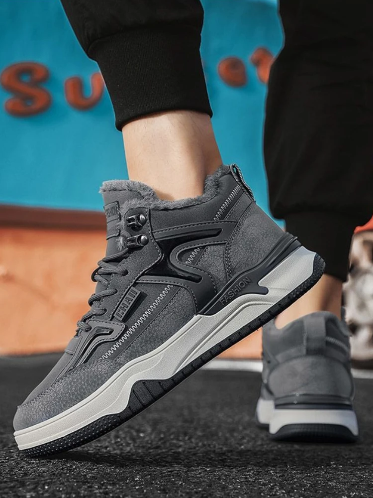 Korean Style Versatile Men's Winter Cotton Padded Shoes Fleece Lined Thickened Warm Sports Sneakers for Young Men Casual Outdoor