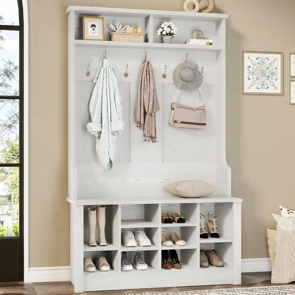 

Hall Tree with Storage Entryway Bench with Coat Rack, Adjustable Shoe Storage and Hanging Hooks, Embossed