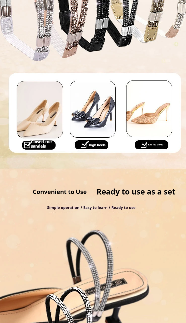 Damen-Sandalen mit hohem Absatz, festem Knöchelriemen und Schnürsenkeln, rutschfeste Absatzriemen, modische Strass-Verzierungen, elastische Schnürsenkel, Schuhaccessoires. – Detail 10