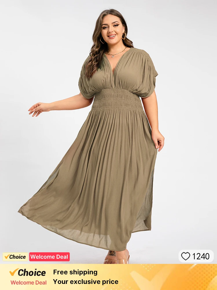 

Plus Sized Clothing Women Maxi Dress with Pockets V Neck Batwing Sleeve Ruched Waist Maxi Dress Elegant Party Wedding Dress