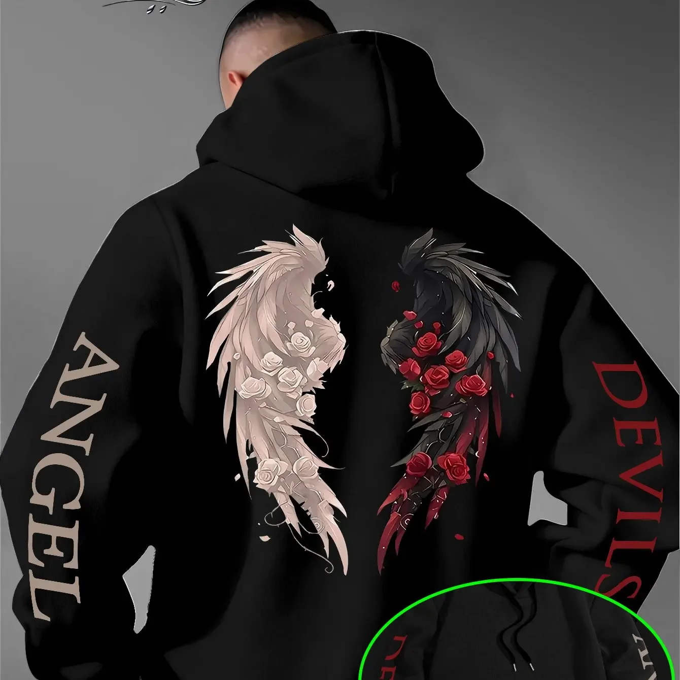 Men's Gothic Hoodie Angel Devil Wings Red Rose Graphic Back Sleeve Print Oversized Pullover Sweatshirt Dark Streetwear