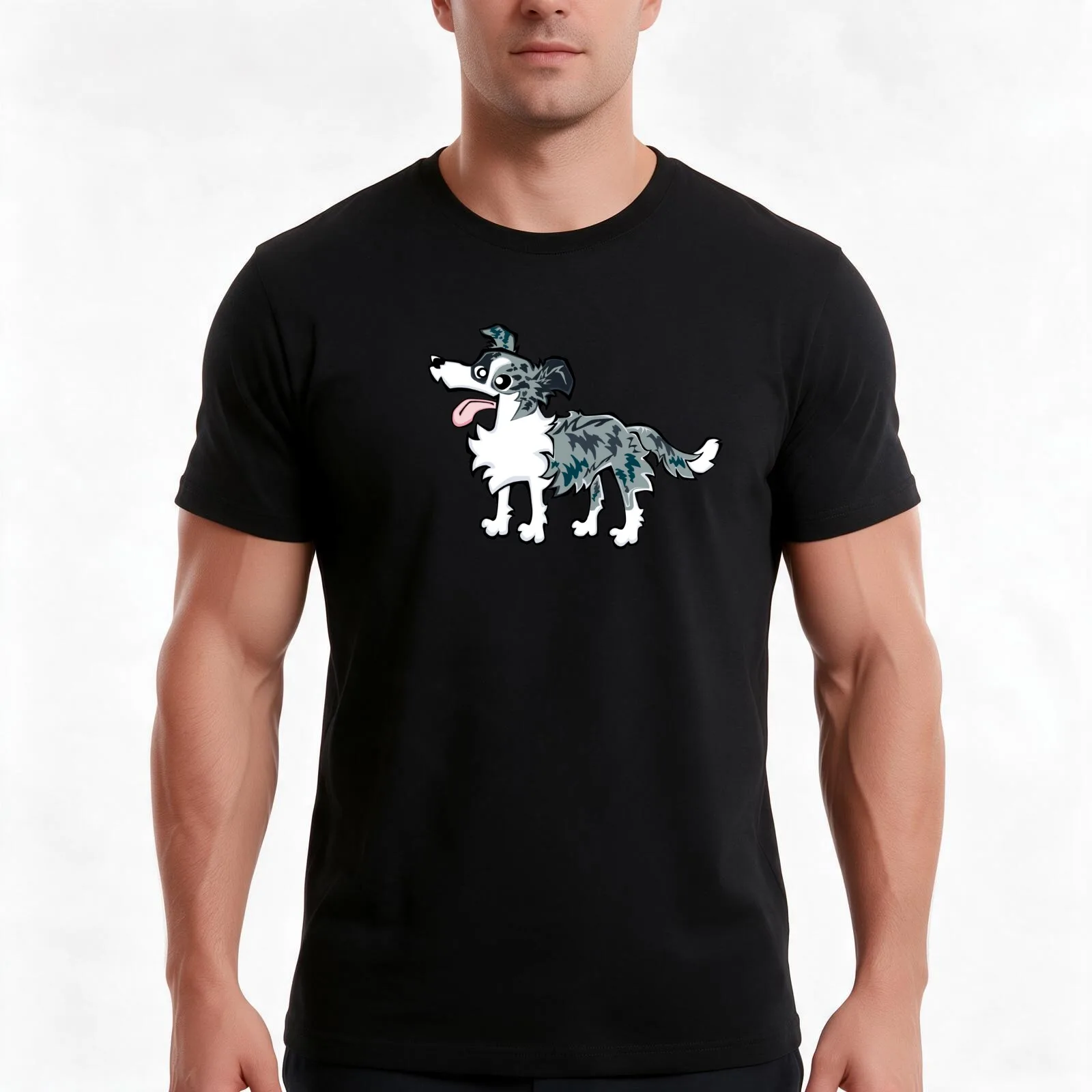 Border Collie - Blue Merle (Full Body) BLUE BG T-Shirt, Summer Casual Cotton Tee, Oversized Streetwear Tops, Unisex Men Women