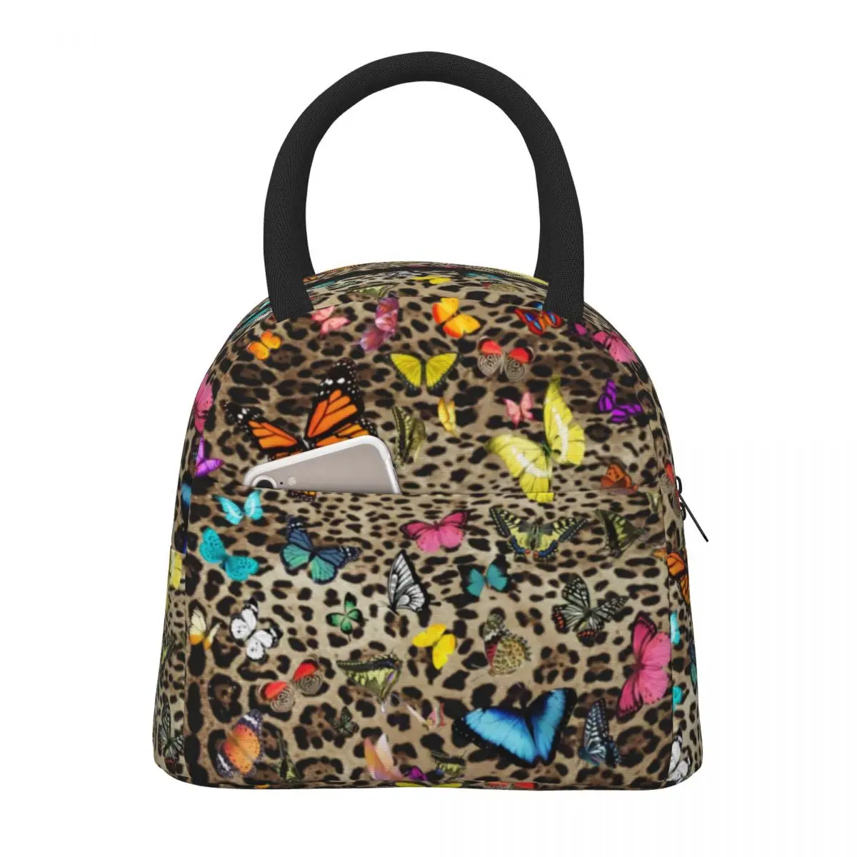 

Leopard Butterfly Lunch Bag Animal Print Butterflies Cute Lunch Box School Convenient Tote Food Bags Waterproof Cooler Bag