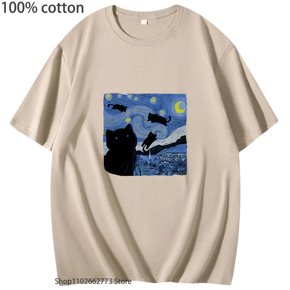 The Starry Cat Night Printing Tshirt for Men 100% Cotton Summer Tops Fashion Soft T-Shirts Women's Casual Y2k Tee Unisex Clothes