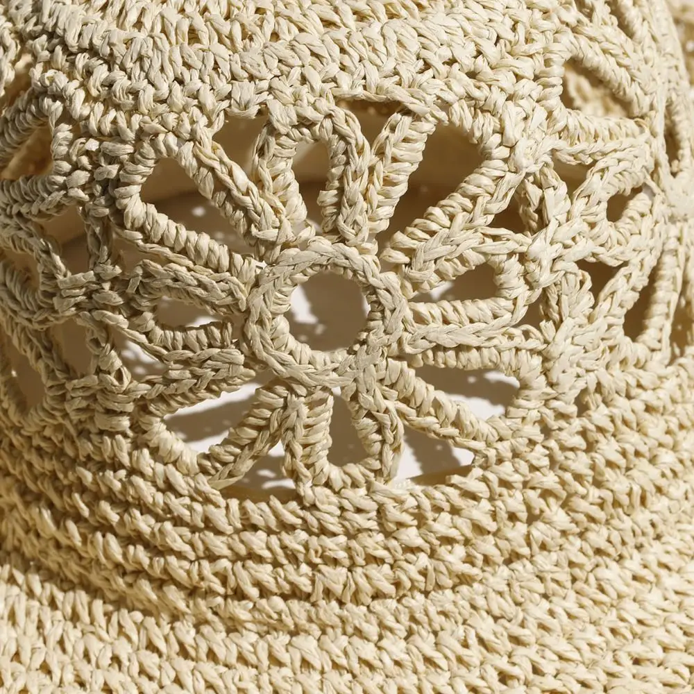 Flower Handmade Hand-woven Straw Hat Simple Design Breathable Fisherman Hat UV Protection Straw Material Flower Bucket Hat Women