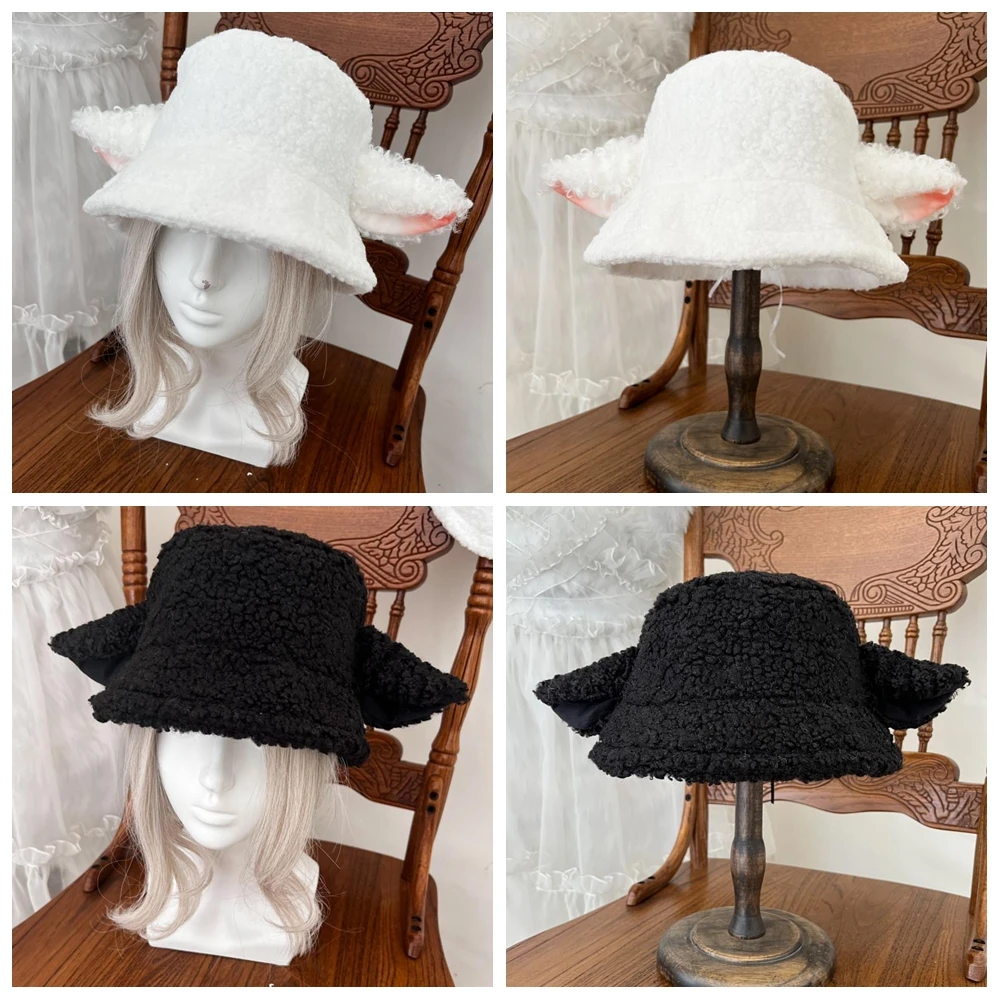 

Black/White Handmade Sheep Ear Bucket Hat Lolita Sheep Cap with Ears Harajuku Sweet Girl Lambs Ear Hat Holiday Gift