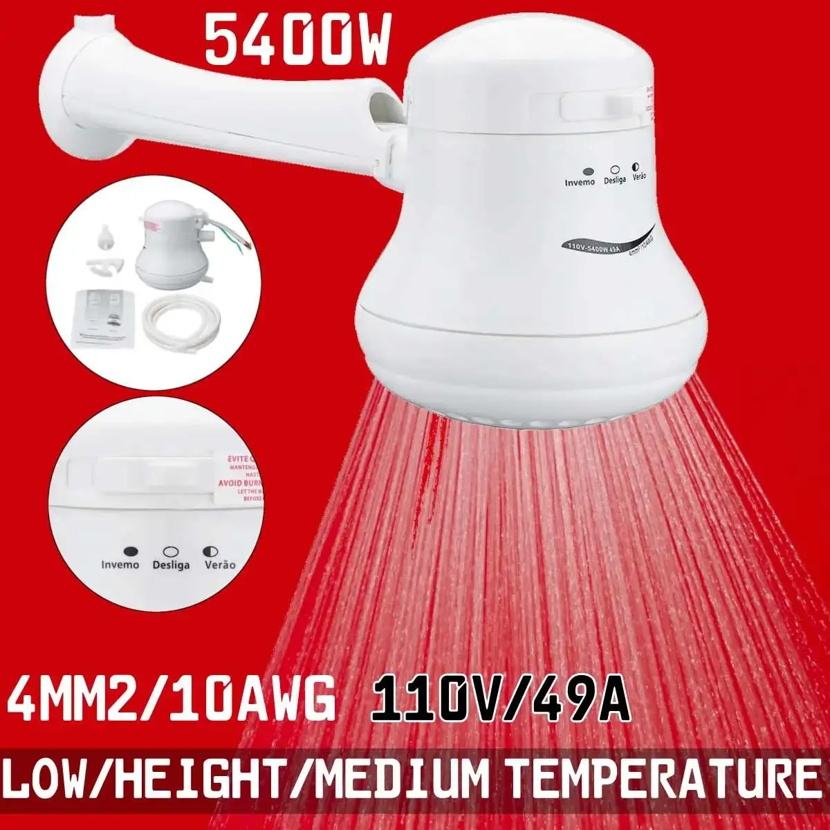 Cabezal de ducha eléctrico 110V/220V controlador de temperatura del calentador de agua instantáneo soporte de manguera de 5,7 pies 3800W-5400W