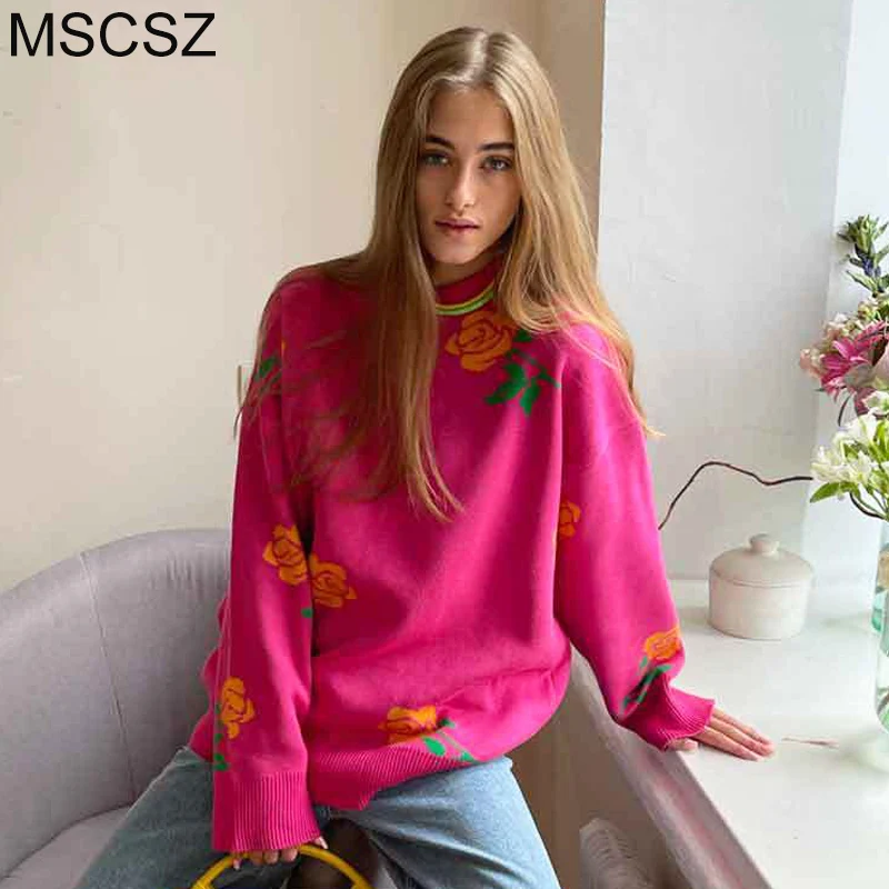 MSCSZ Vintage Floral Sweater Women Fashion Loose Knitted Jumper O-Neck Long Sleeve Pullover Knitwear Winter Clothes Women 2024