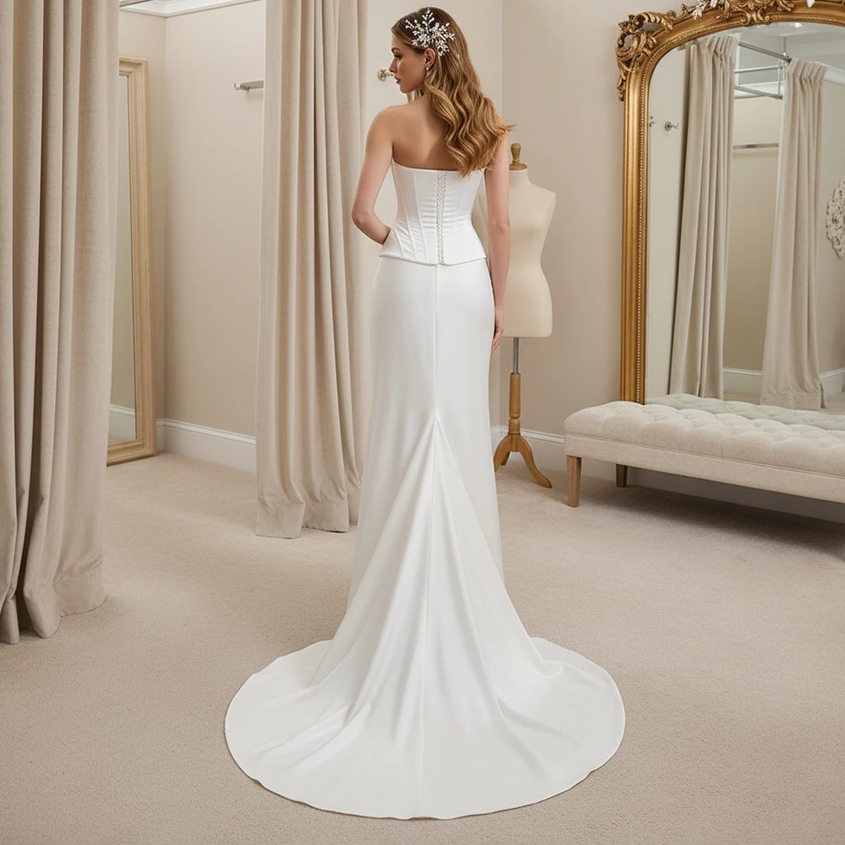 Elegant Satin Mermaid Pleated Wedding Dresses Sheath Long Strapless Bridal Party Gown For Women Vestidos Novia