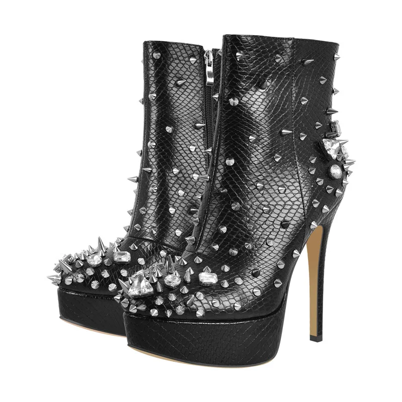 OnlyMaker Women Brand Platform Rhinestones Rivet Ankle Boots Side Zipper Round Toe Thin Heels Booties