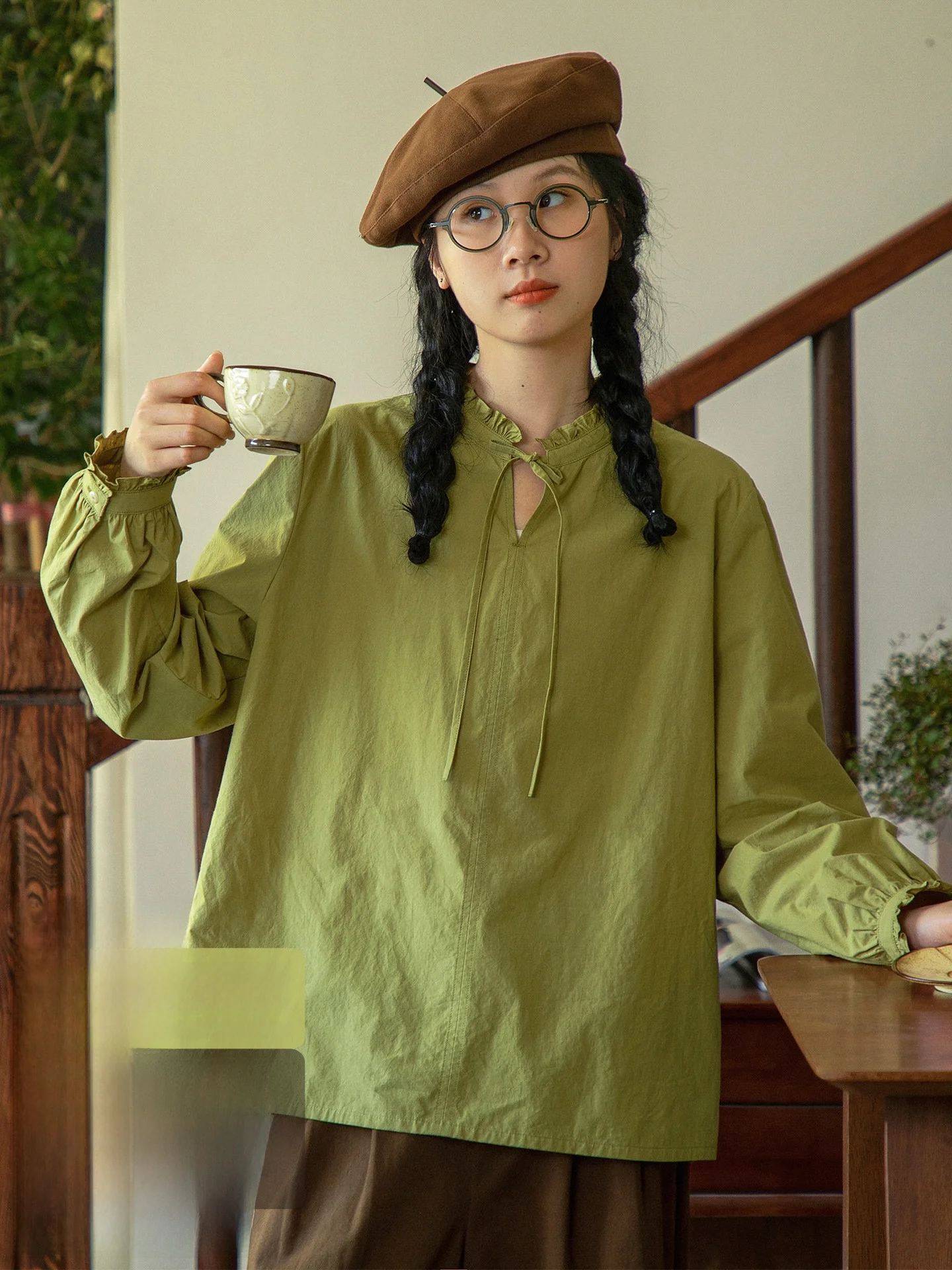 

Original Pure Cotton Green Shirt Women's Loose Long Sleeve Blouse Floral Design Breathable Comfortable Autumn Top