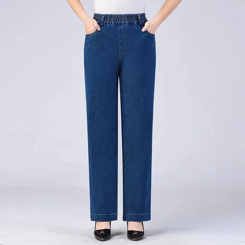 Women Elastic High Waist Side Pocket Straight Leg Soft Denim Trousers