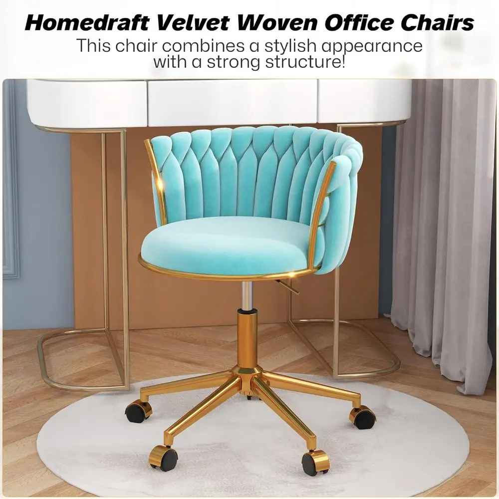 Cyan Velvet Swivel Office Chair with Adjustable Height, Gold Base for Home Study or Computer Room