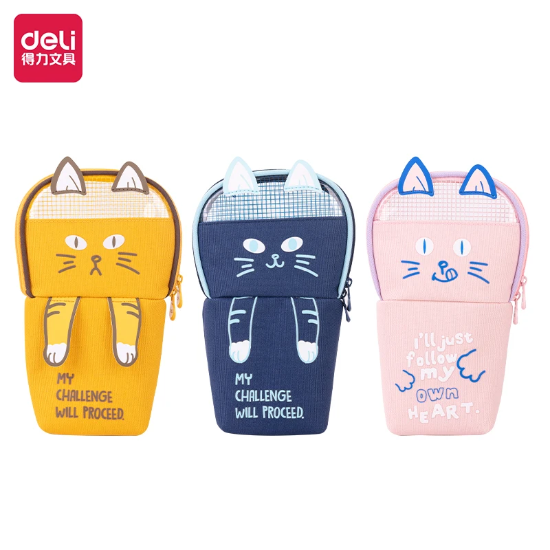 3Pcs Deli BC172 Bobo Cat Standing Multi-purpose Pen Bag School Office Stationery Gift