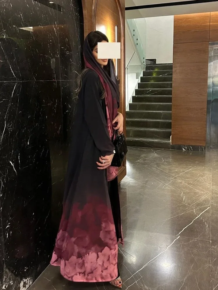 Muslim Women Print Abaya with Scarf 2 Piece Set Eid Abayas Cardigan Casual Long Robe Kaftan Party Ramadan Modest Caftan 2024