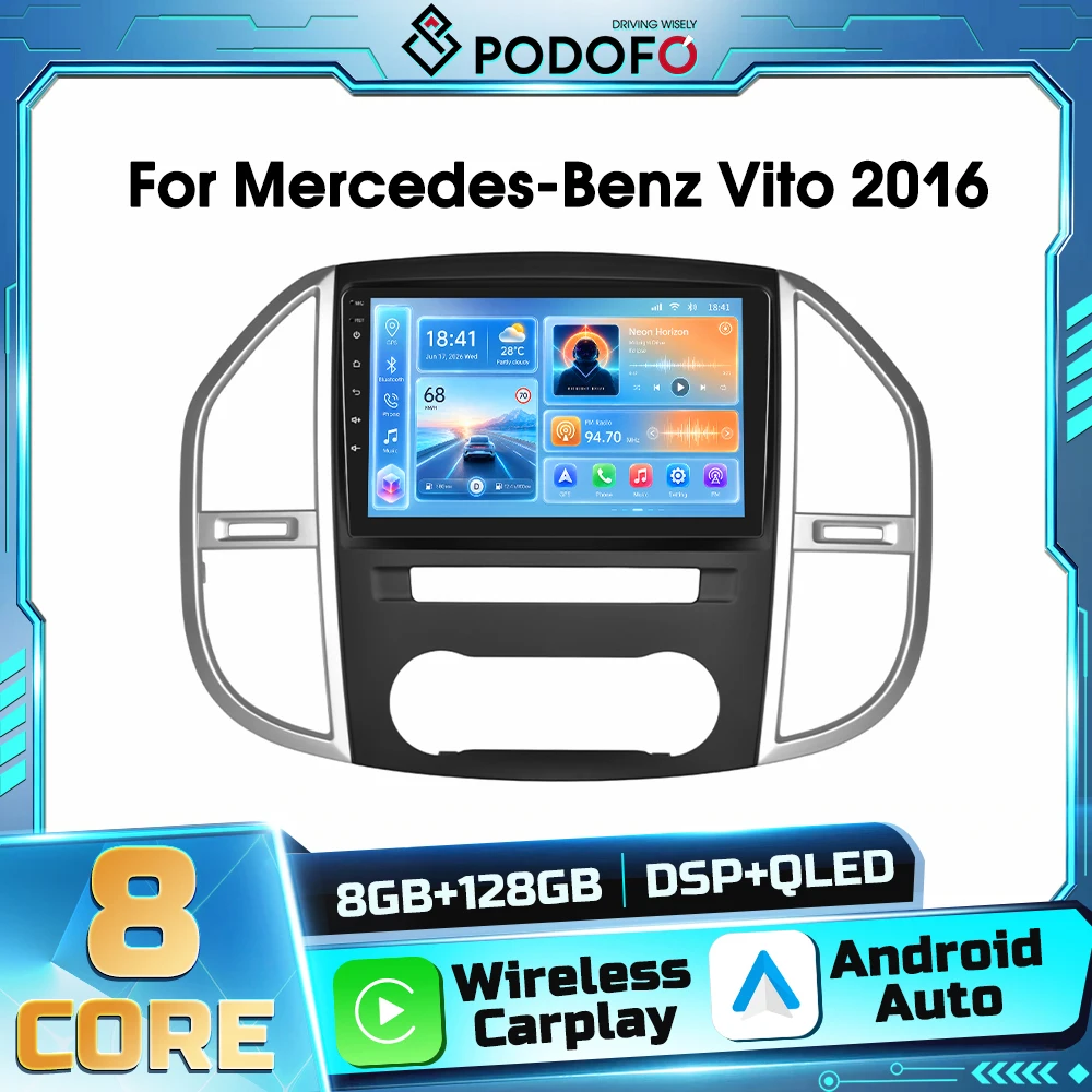 Lettore multimediale per auto Android 2DIN con controllo vocale AI Podofo per Mercedes-Benz Vito 2016, ricevitore FM RDS Bluetooth, autoradio wireless con Carplay, Android Auto, navigazione GPS, WIFI,