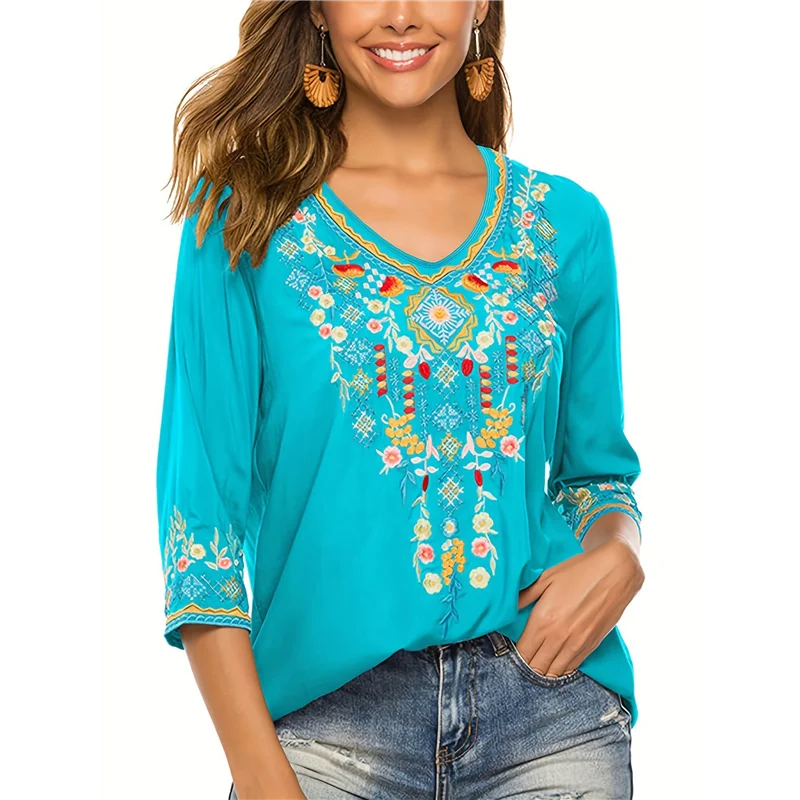 

ABRT-мексиканские топы для женщин, рубашки с вышивкой, одежда в стиле хиппи, туника Fiesta, большие размеры, крестьянские блузки в стиле бохо