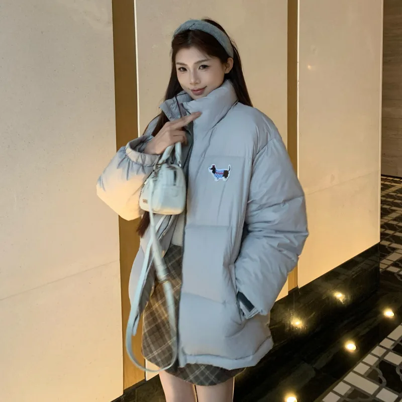 Manteau en coton brodé de petit ours pour femme, blocage de couleur, col rabattu, nouvelle veste courte ample, manteau d'hiver matelassé chaud, Parka